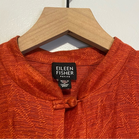Eileen Fisher Button Front Orange Rust Linen Blend Top Mandarin Collar PM Petite - Picture 3 of 7